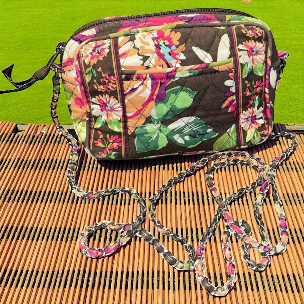 Vera Bradley English Rose Mini Chain Bag Brown Floral Quilted Fabric Crossbody